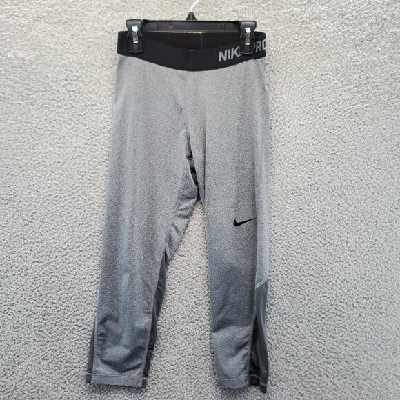 Nike Pro Cropped Athletic Compression Leggings Black Gray Band Logo Small - Picture 1 of 7